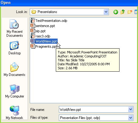 iVocalize file open dialog showing selection of a PowerPoint or OpenDocument Presentation file